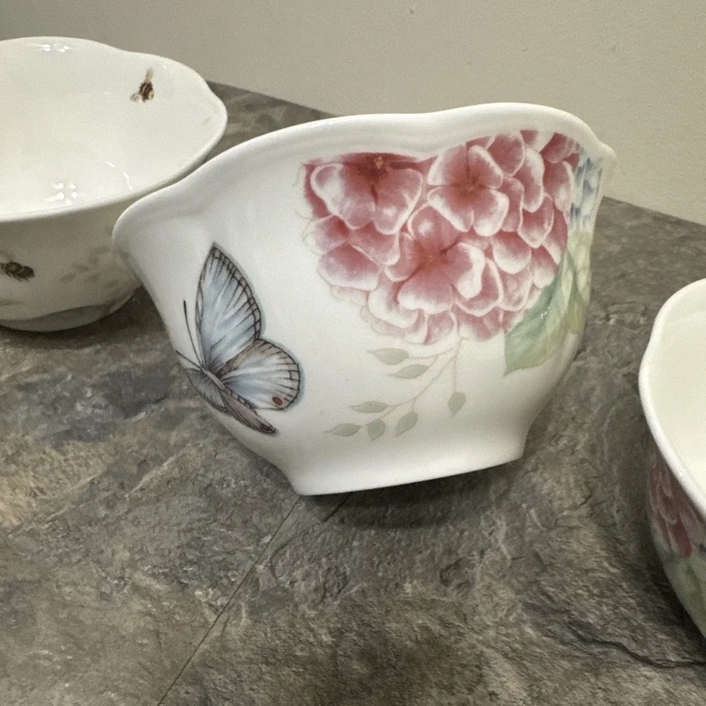 3 LENOX Butterfly Meadow Hydrangea Rice Bowl Scalloped Edge Bowls Spring EUC